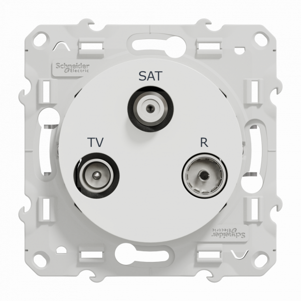 Odace - prise TV/FM/SAT - encastré - blanc RAL9003 brillant - 1 entrée - TV : mâle IEC 9.52 mm - FM : IEC femelle 9 -52 mm - SAT : F type - fixation griffes ou vis - livré avec protection peinture - IK04 - IP21 D - sans halogène - visuel 1