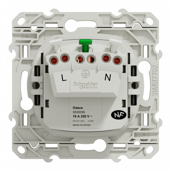 Odace - prise de courant - 2P+T - française - aluminium - fixation par vis - Raccordement : 1 x 1,5…2 x 4 mm² souple / rigide / multibrin - bornes automatiques - 16 A - 250VCA 50 Hz - NF - IK04 - IP21D - visuel 3