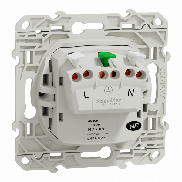 Odace - prise de courant - 2P+T - française - aluminium - fixation par vis - Raccordement : 1 x 1,5…2 x 4 mm² souple / rigide / multibrin - bornes automatiques - 16 A - 250VCA 50 Hz - NF - IK04 - IP21D - visuel 2