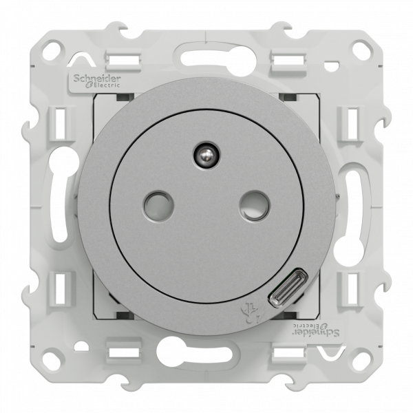 Odace - prise de courant affleurante - 2P+T - avec USB C puissance 10.5W en 1 poste - Aluminum - fixation par vis - Raccordement : 1 x 1,5…2 x 4 mm² souple / rigide / multibrin - bornes vis - 16 A - 250VCA 50 Hz - NF - IK04 - IP21D - visuel 1