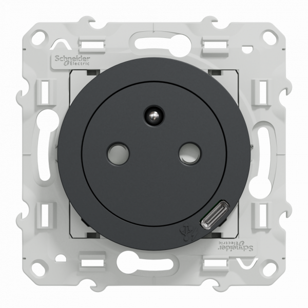 Odace - prise de courant affleurante - 2P+T - avec USB C puissance 10.5W en 1 poste - Anthracite - fixation par vis - Raccordement : 1 x 1,5 à 2 x 4 mm² souple / rigide / multibrin - bornes vis - 16 A - 250 VCA 50 Hz - NF - IK04 IP21D - visuel 1