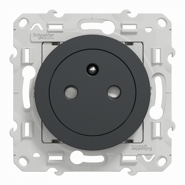 Odace - prise de courant - 2P+T - affleurante avec griffes - anthracite - spécial rénovation - fixation par vis - Raccordement : 1 x 1,5..2 x 4 mm² souple / rigide / multibrin - bornes automatique - 16 A - 250VCA 50 Hz - NF - IK04 - IP21D - visuel 1