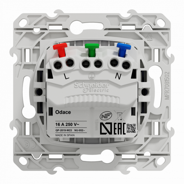 Odace - prise de courant - 2P+T - française - affleurante - bleu cobalt - fixation par vis - Raccordement : 1 x 1,5 à 2 x 4 mm² souple / rigide / multibrin - bornes automatique - 16 A - 250VCA 50 Hz - NF - IK04 - IP21D - visuel 3