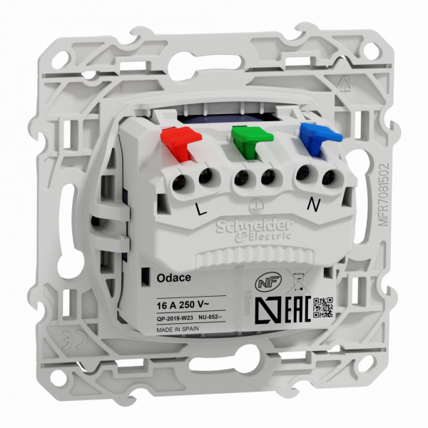 Odace - prise de courant - 2P+T - française - affleurante - bleu cobalt - fixation par vis - Raccordement : 1 x 1,5 à 2 x 4 mm² souple / rigide / multibrin - bornes automatique - 16 A - 250VCA 50 Hz - NF - IK04 - IP21D - visuel 2