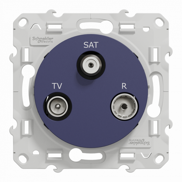 Odace - prise TV/FM/SAT - encastré - bleu cobalt - 1 entrée - TV : mâle IEC 9.52 mm - FM : IEC femelle 9 -52 mm - SAT : F type - fixation par vis - livré avec cache de protection peinture - IK04 - IP21 D - sans halogène - visuel 1