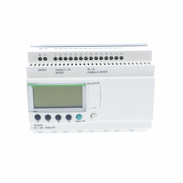 Zelio Logic - relais intelligent compact - 20 E/S 24Vcc - ss horloge - affichage - IP20 (born.), IP40 (face av.) - temps sauvegarde : 10 ans à 25 °C - temps de cycle : 6…90 ms - courant d'alimentation maximale : 100mA (ss extension) - visuel 1