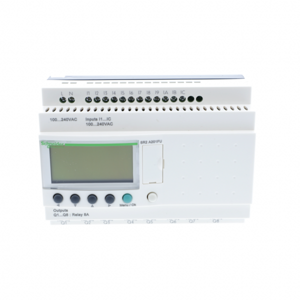 Zelio Logic - relais intelligent compact - 20 E/S 100..240Vca - sans horloge - affichage local - IP20, IP40 - temps de cycle : 6 à 90ms - 0 à 240 lignes de schéma de contrôle avec Ladder programmation - visuel 1