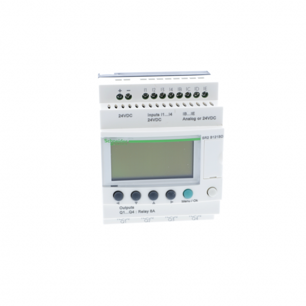 Zelio Logic - relais intelligent compact - 12 E/S 24Vcc - horloge - avec affichage - temps de sauvegarde : 10 ans à 25 °C - temps de cycle : 6…90 ms - 8 entrées TOR - courant d'alimentation maximale : 100 mA (sans extension) - visuel 1