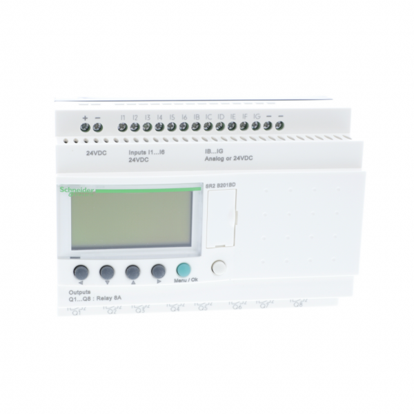 Zelio Logic - relais intelligent compact - 20 E/S 24Vcc - horloge - avec affichage - IP20 (born.), IP40 (face av.) - temps de cycle : 6…90 ms - courant d'alimentation max. : 100 mA (ss extension) - visuel 1
