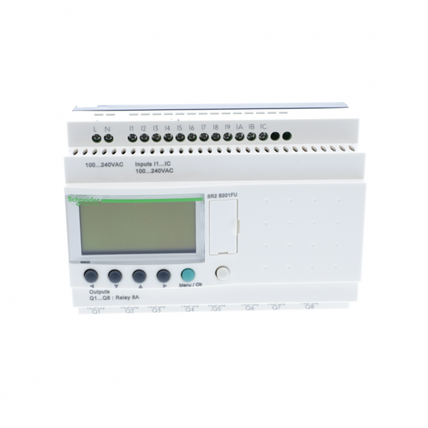 Zelio Logic - relais intelligent compact - 20E/S 100..240Vca - horloge - avec affichage - IP20 (born.), IP40 (face av.) - temps de cycle : 6…90 ms - courant d'alimentation max. : 100 mA à 100 V, 50 mA à 240 V (ss extension) - visuel 1