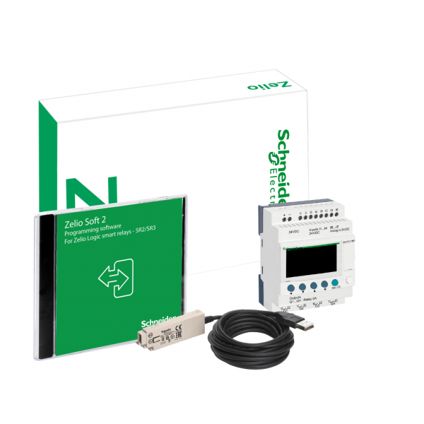 Zelio Logic - relais intelligent compact - pack découverte - 12 E/S 24Vcc - 4 relais - IP20, IP40 - avec affichage - temps de cycle : 6 à 90ms - 120 lignes de schéma de contrôle avec Ladder programmation, 0 à 200 avec FBD programmation - visuel 1