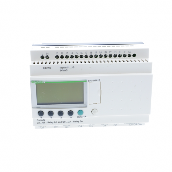 Zelio Logic - relais intelligent modul.- 24 E/S - 24Vcc - horloge - avec affichage - tps de sauvegarde : 10 ans à 25 °C - tps de cycle : 6…90 ms - courant d'alimentation maximale : 100 mA (avec, ss extension) - IP20 (born.), IP40 (face av.) - visuel 1