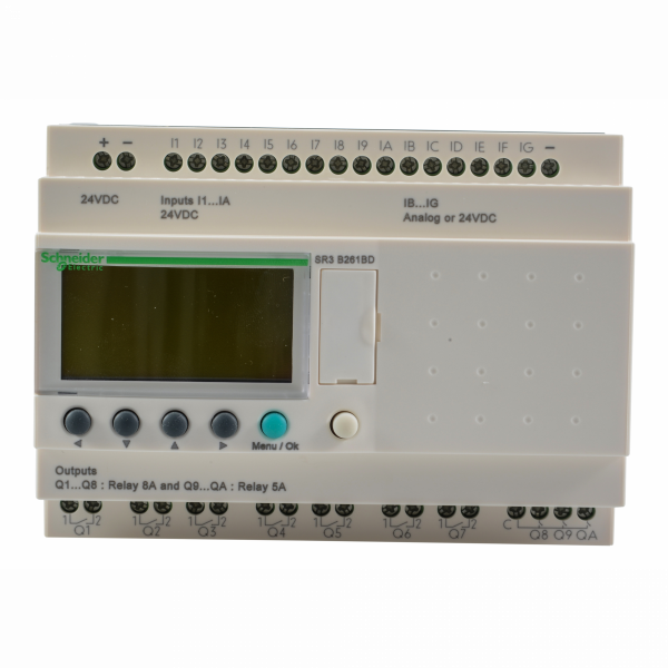 Zelio Logic - relais intelligent modul.- 26 E/S - 24Vcc - horloge - avec affichage - temps de sauvegarde : 10 ans à 25 °C - tps de cycle : 6…90 ms - 16 entrées TOR - courant d'alimentation max. : 280 mA (sans extension), 415 mA (avec ext.) - visuel 1