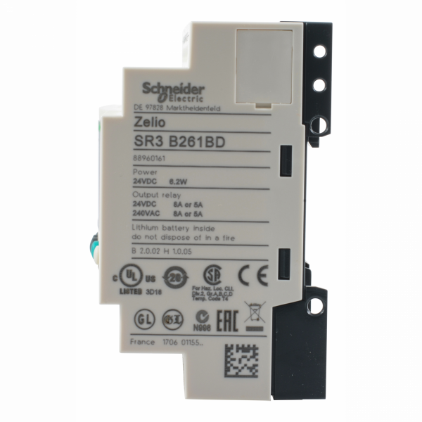 Zelio Logic - relais intelligent modul.- 26 E/S - 24Vcc - horloge - avec affichage - temps de sauvegarde : 10 ans à 25 °C - tps de cycle : 6…90 ms - 16 entrées TOR - courant d'alimentation max. : 280 mA (sans extension), 415 mA (avec ext.) - visuel 4