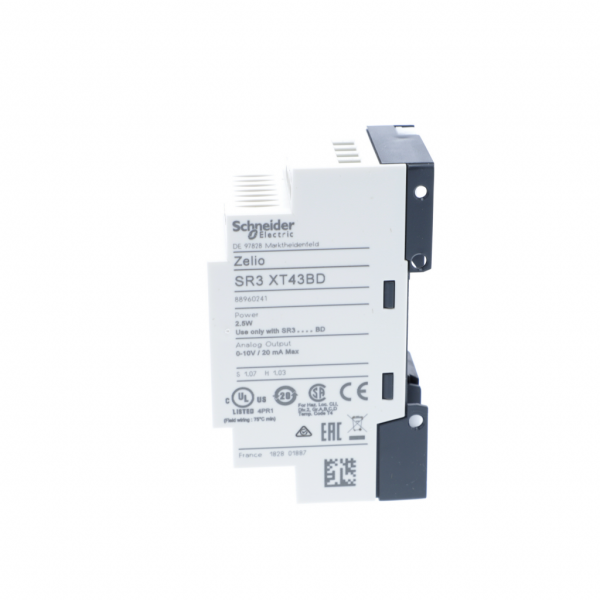 Zelio Logic - module d'extension E/S analogique - 4 E/S - 24Vcc - IP20, IP40 - charge résistive pour sortie analogique - type d'entrée : mode commun - tension maximale admissible : 30 V pour circuit d'entrée analogique - visuel 4