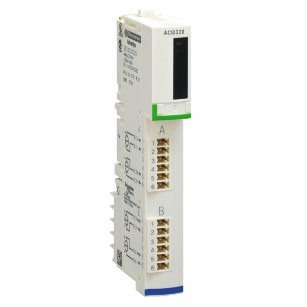Advantys STB - kit d'entrées analogiques standard - 4..20mA - 4 E - 15bits + signe - H18,4mmxL128,3mmxP70mm - type d'entrée analogique : courant 0...20 mA, courant 4...20 mA - filtre d'entrée passe-bas simple 985 Hz - visuel 1