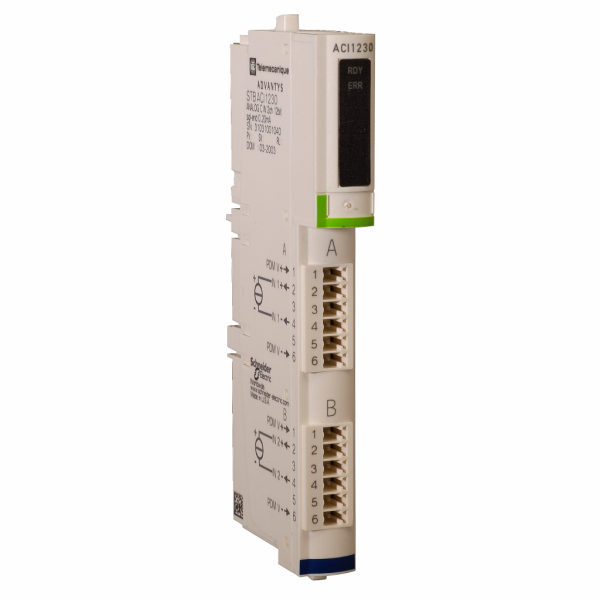 Advantys STB - kit d'entrées analogiques standard - 0..20mA - 2 E - 12 bits - H13,9mmxL128,3mmxP70mm - type d'entrée analogique : courant 0...20 mA, courant 4...20 mA - filtre d'entrée passe-bas simple 985 Hz - visuel 1