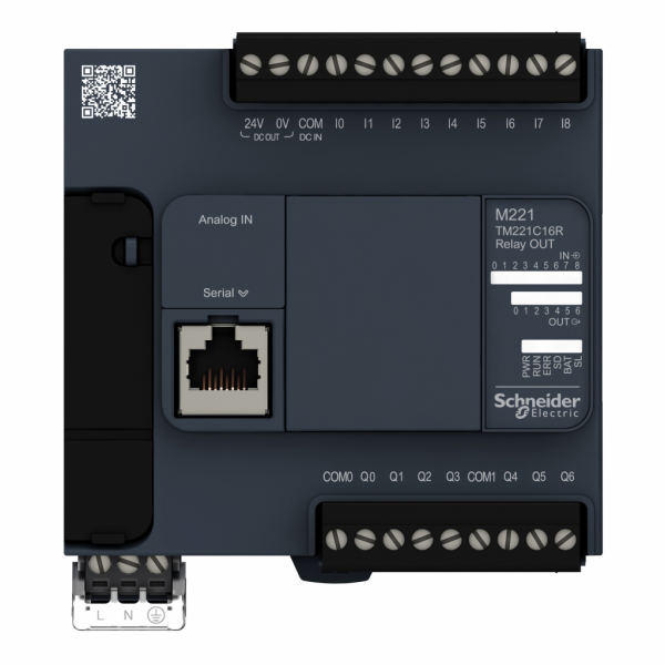 Modicon M221 - contrôleur 16E/S relais, port série, 100/240VCA - H90mmxL95mmxP70mm - 16 entrées TOR - 2 entrées analogiques 0...10 V - sorties TOR : 7 relais - courant de sortie logique : 2A - visuel 1