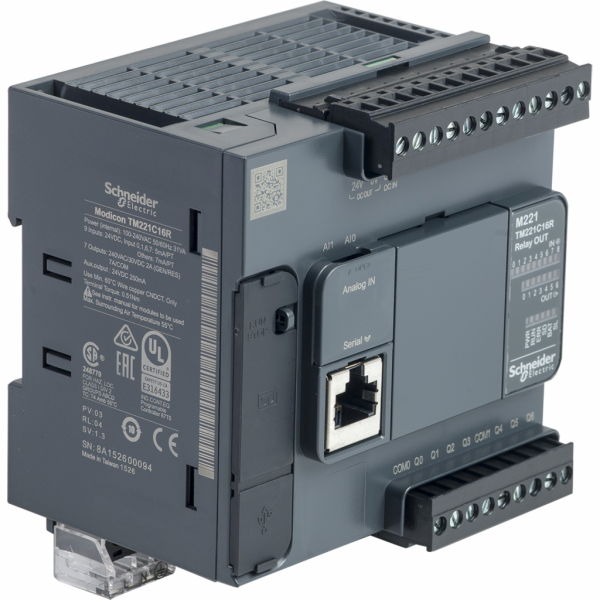 Modicon M221 - contrôleur 16E/S relais, port série, 100/240VCA - H90mmxL95mmxP70mm - 16 entrées TOR - 2 entrées analogiques 0...10 V - sorties TOR : 7 relais - courant de sortie logique : 2A - visuel 2