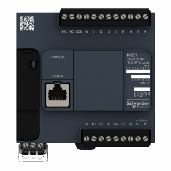 Modicon M221 - contrôleur 16E/S PNP, port série, 24VCC - H90mmxL95mmxP70mm - 9 entrées TOR, 4 entrées rapides - 2 entrées analogiques 0...10 V - sorties TOR : 7 transistors, 2 sorties rapides - courant de sortie logique : 0,5A - visuel 1