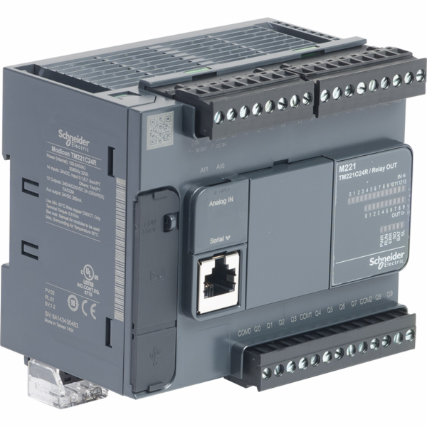 Modicon M221 - contrôleur 24E/S relais, port série, 100/240VCA - H90mmxL110mmxP70mm - 14 entrées TOR - 2 entrées analogiques 0...10 V - sorties TOR : 10 relais - courant de sortie logique : 2A - 24 ES/TOR - visuel 2