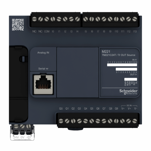 Modicon M221 - contrôleur 24E/S PNP, port série, 24VCC - H90mmxL110mmxP70mm - 14 entrées TOR - 2 entrées analogiques 0...10 V - sorties TOR : 10 transistors, 2 sorties rapides - courant de sortie logique : 0,5A - visuel 1