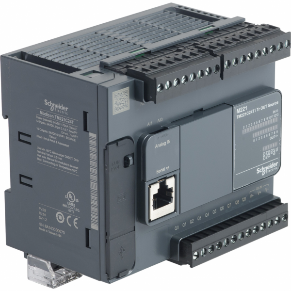 Modicon M221 - contrôleur 24E/S PNP, port série, 24VCC - H90mmxL110mmxP70mm - 14 entrées TOR - 2 entrées analogiques 0...10 V - sorties TOR : 10 transistors, 2 sorties rapides - courant de sortie logique : 0,5A - visuel 2
