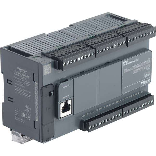 Modicon M221 - contrôleur 40 E/S relais, port série, 100/240VCA - H90mmxL160mmxP70mm - 24 entrées TOR - 2 entrées analogiques 0...10 V - sorties TOR : 16 relais - courant de sortie logique : 2A - visuel 2