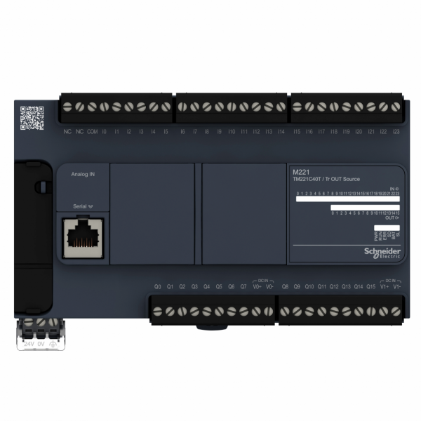 Modicon M221 - contrôleur 40E/S PNP, port série, 24VCC- H90mmxL160mmxP70mm - 24 entrées TOR - 2 entrées analogiques 0...10 V - sorties TOR : 16 transistors - courant de sortie logique : 0,5A - visuel 1