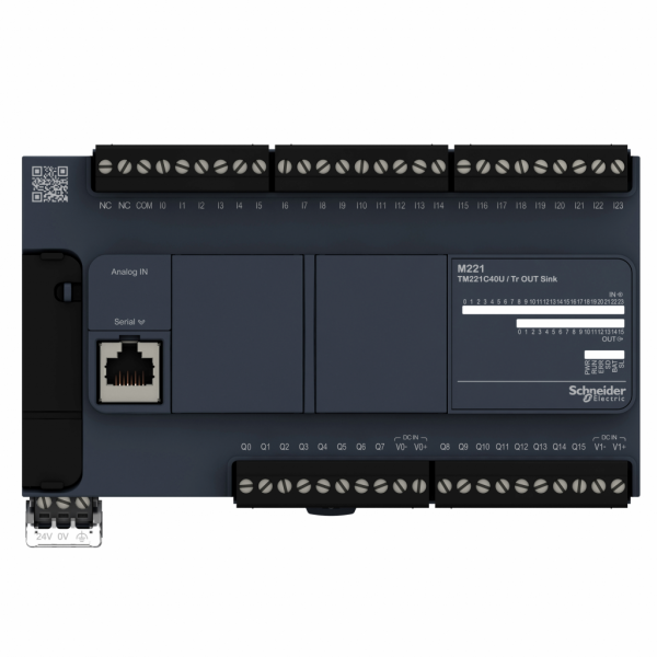 Modicon TM - contrôleur logique - 24V CC - IP20 - H90mmxL160mmxP70mm - 24 entrées TOR, 4 entrées rapides - 16 transistors, 4 sorties rapides - courant de sortie logique : 0,5A - visuel 1