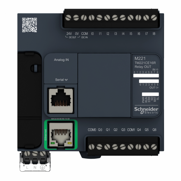 Modicon M221 - contrôleur 16E/S relais, port Ethernet+série, 100/240VCA - H90mmxL95mmxP70mm - 9 entrées TOR - 2 entrées analogiques 0...10 V - sorties TOR : 7 relais - courant de sortie logique : 2A - 16 ES/TOR - visuel 1