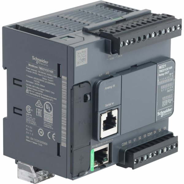 Modicon M221 - contrôleur 16E/S relais, port Ethernet+série, 100/240VCA - H90mmxL95mmxP70mm - 9 entrées TOR - 2 entrées analogiques 0...10 V - sorties TOR : 7 relais - courant de sortie logique : 2A - 16 ES/TOR - visuel 2