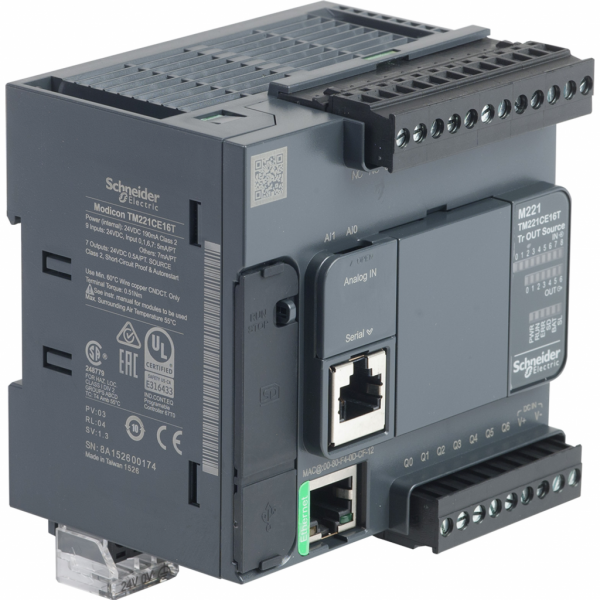 Modicon M221 - contrôleur 16E/S PNP, port Ethernet+série, 24VCC - H90mmxL95mmxP70mm - 9 entrées TOR, 4 entrées rapides - 2 entrées analogiques 0...10 V - sorties TOR : 7 transistors, 2 sorties rapides - courant de sortie logique : 0,5A - visuel 2