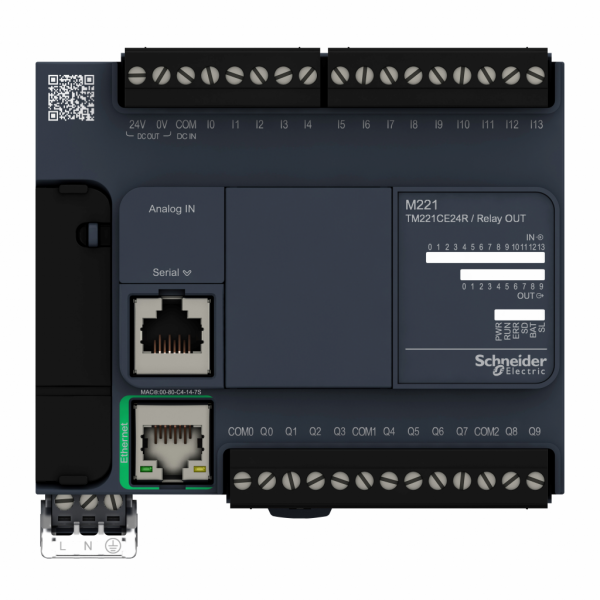 Modicon M221 - contrôleur 24E/S relais, port Ethernet+série, 100/240VCA - H90mmxL110mmxP70mm - 14 entrées TOR - 2 entrées analogiques 0...10 V - sorties TOR : 10 relais - courant de sortie logique : 2A - 24 ES/TOR - visuel 1