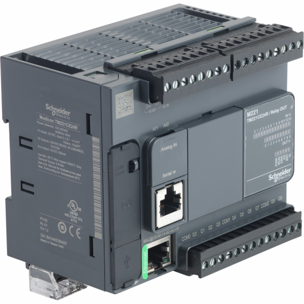 Modicon M221 - contrôleur 24E/S relais, port Ethernet+série, 100/240VCA - H90mmxL110mmxP70mm - 14 entrées TOR - 2 entrées analogiques 0...10 V - sorties TOR : 10 relais - courant de sortie logique : 2A - 24 ES/TOR - visuel 2