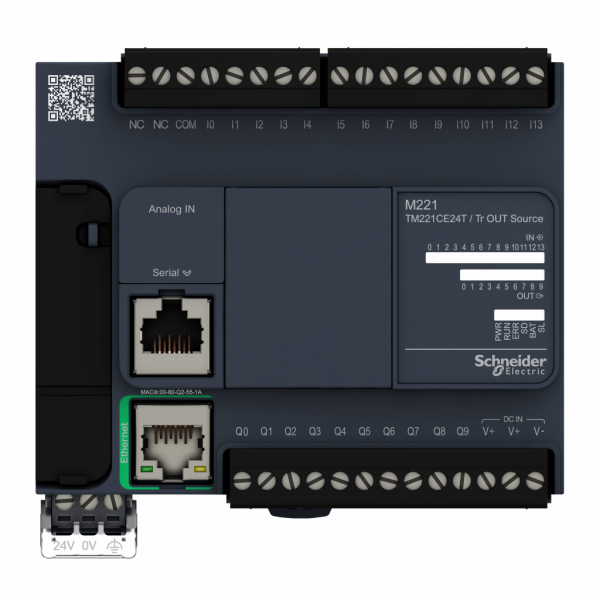 Modicon M221 - contrôleur 24E/S PNP, port Ethernet+série, 24VCC - H90mmxL110mmxP70mm - 14 entrées TOR, 4 entrées rapides - 2 entrées analogiques 0...10 V - sorties TOR : 10 transistors, 2 sorties rapides - courant de sortie logique : 0,5A - visuel 1