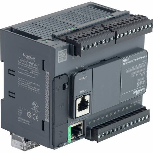 Modicon M221 - contrôleur 24E/S PNP, port Ethernet+série, 24VCC - H90mmxL110mmxP70mm - 14 entrées TOR, 4 entrées rapides - 2 entrées analogiques 0...10 V - sorties TOR : 10 transistors, 2 sorties rapides - courant de sortie logique : 0,5A - visuel 2