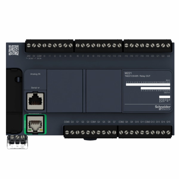 Modicon M221 - contrôleur 40E/S relais, port Ethernet+série, 100/240VCA - H90mmxL160mmxP70mm - 24 entrées TOR - 2 entrées analogiques 0...10 V - sorties TOR : 16 relais - courant de sortie logique : 2A - 40 ES/TOR - visuel 1