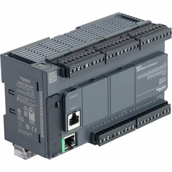 Modicon M221 - contrôleur 40E/S PNP, port Ethernet+série, 24VCC - H90mmxL160mmxP70mm - 24 entrées TOR, 4 rapides - 2 entrées analogiques 0...10 V - sorties TOR : 16 transistors, 2 sorties rapides - courant de sortie logique : 2A - 40 ES/TOR - visuel 2