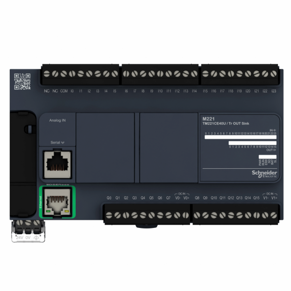 Modicon TM - contrôleur logique - 24V CC - IP20 - H90mmxL160mmxP70mm - 24 entrées TOR, 4 entrées rapides - 16 transistors, 4 sorties rapides - courant de sortie logique : 0,5A - Ethernet - visuel 1
