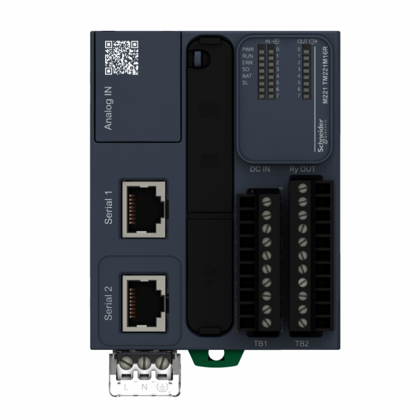 Modicon M221 - Book - contrôleur 16E/S relais, 2 ports série, 24VCC, vis - H90mmxL70mmxP70mm - 8 entrées TOR - 2 entrées analogiques 0...10 V - sorties TOR : 8 relais - courant de sortie logique : 2A - 16 ES/TOR - visuel 1