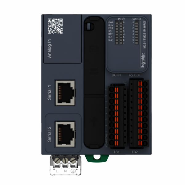 Modicon TM - Modicon M221 Book, contrôleur 16E/S relais, 2 ports série, 24VCC, ressort - H90mmxL70mmxP70mm - 16 entrées, sorties TOR - 2 entrées analogiques 0...10 V - courant de sortie logique : 2A - IP20 - visuel 1