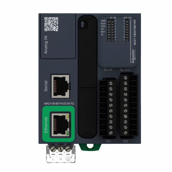 Modicon M221- book, contrôleur logique 16E/S PNP, 2 ports série, 24VCC, vis - IP20 - H90mmxP70mmxL70mm - 8 entrées TOR, 4 entrées rapides - courant de sortie logique : 0,5A - visuel 1