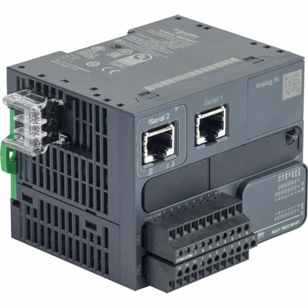 Modicon M221- book, contrôleur logique 16E/S PNP, 2 ports série, 24VCC, vis - IP20 - H90mmxP70mmxL70mm - 8 entrées TOR, 4 entrées rapides - courant de sortie logique : 0,5A - visuel 2