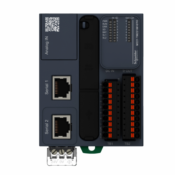 Modicon M221- book, contrôleur logique 16E/S PNP, 2 ports série, 24VCC, ressort - IP20 - H90mmxP70mmxL70mm - 8 entrées TOR, 4 entrées rapides - courant de sortie logique : 0,5A - visuel 1