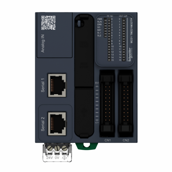 Modicon M221 - Book - contrôleur 32E/S PNP, 2 ports série, 24VCC, HE 10- H90mmxL70mmxP70mm - 16 transistors TOR, 2 sorties rapides - 2 entrées analogiques 0...10 V - courant de sortie logique : 0,1A - 32 ES/TOR - visuel 2