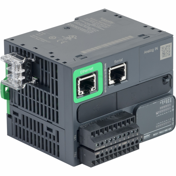 Modicon M221 - Book - contrôleur 16E/S relais, port Ethernet+série, 24VCC, vis - H90mmxL70mmxP70mm - 8 entrées TOR - 2 entrées analogiques 0...10 V - sorties TOR : 8 relais - courant de sortie logique : 2A - 16 ES/TOR - visuel 1