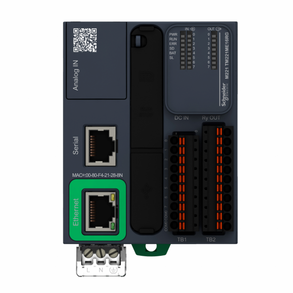 Modicon M221 - Book - contrôleur 16E/S relais, port Ethernet+série, 24VCC, ressort - H90mmxL70mmxP70mm - 8 entrées TOR - 2 entrées analogiques 0...10 V - sorties TOR : 8 relais - courant de sortie logique : 2A - 16 ES/TOR - visuel 1