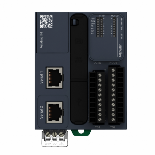 Modicon M221 - Book - contrôleur 16E/S PNP, port Ethernet+série, 24VCC, vis - H90mmxL70mmxP70mm - 8 entrées TOR - 2 entrées analogiques 0...10 V - courant de sortie logique : 0,5A - 16 ES/TOR - visuel 1