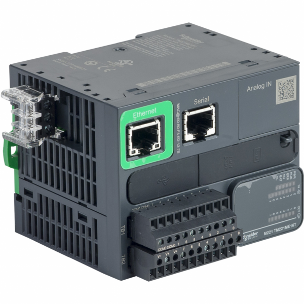 Modicon M221 - Book - contrôleur 16E/S PNP, port Ethernet+série, 24VCC, vis - H90mmxL70mmxP70mm - 8 entrées TOR - 2 entrées analogiques 0...10 V - courant de sortie logique : 0,5A - 16 ES/TOR - visuel 2